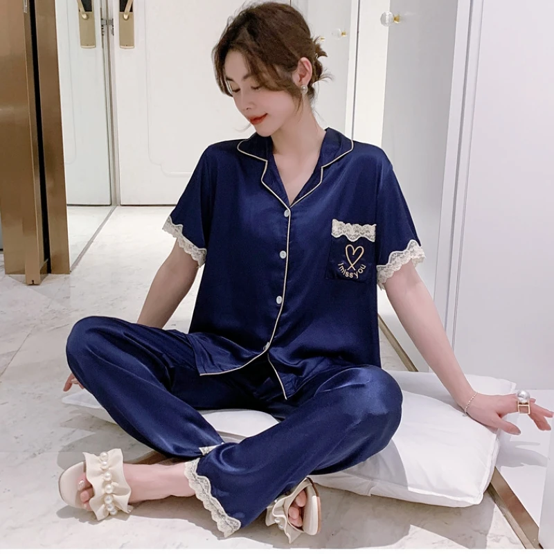 

Pajamas women summer ice silk short-sleeved sleeve lace sweet cardigan home service summer can wear two-piece suit