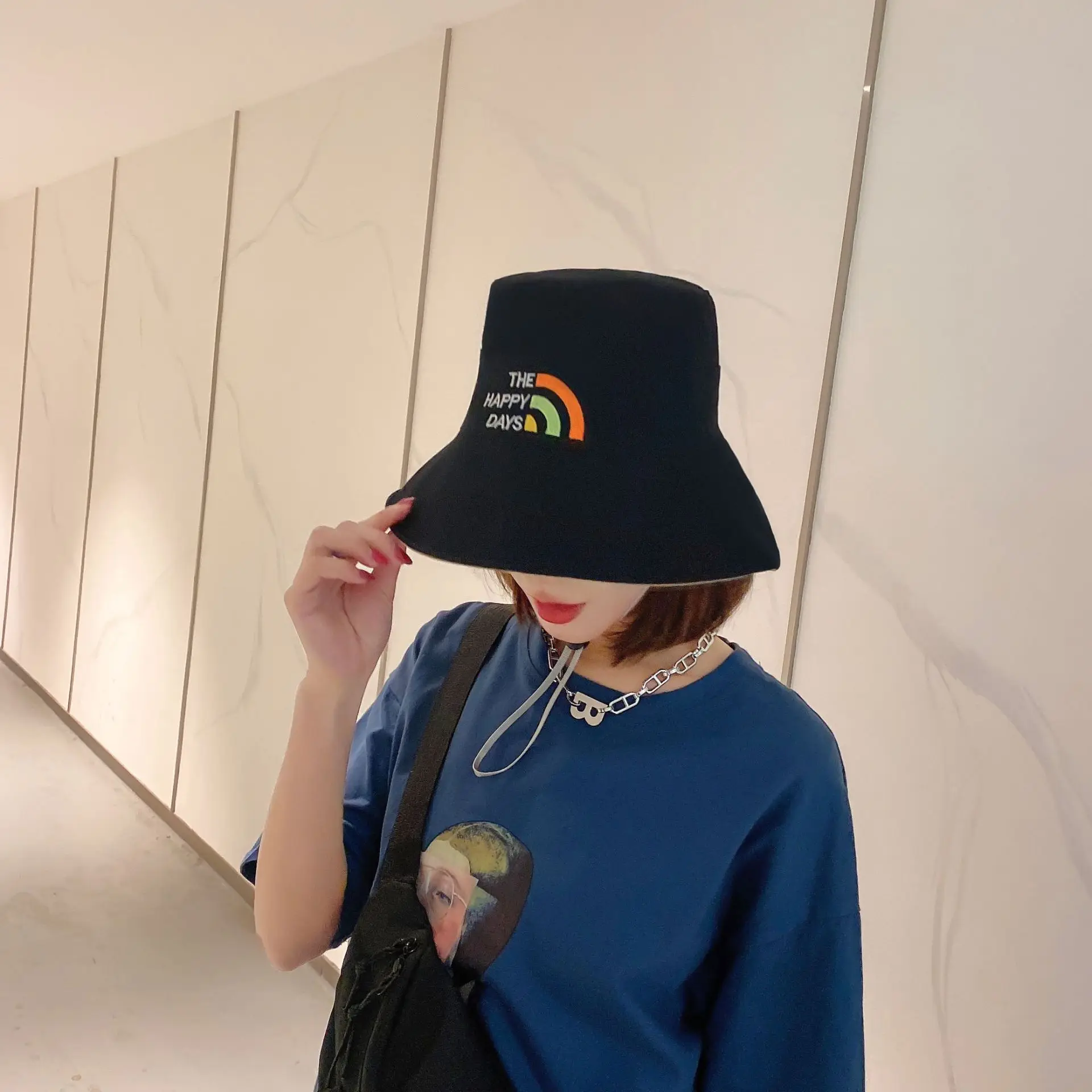 

New Rainbow Bucket Hats Women Fisherman Hats for Women Solid Color Embroidered Big Brim Hat Sunscreen Women Hat