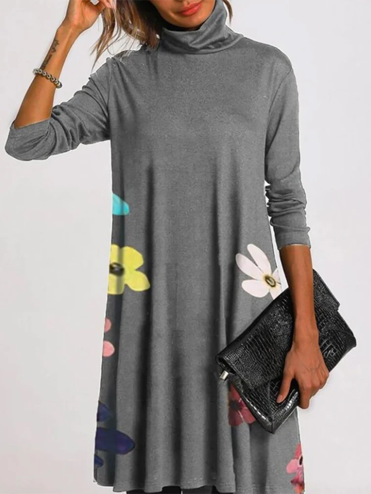 

2020 Winter Turtleneck Warm Vintage Print Dress Women Autumn Elegant Long Sleeves Patchwork Dresses Female Casual Loose Vestidos