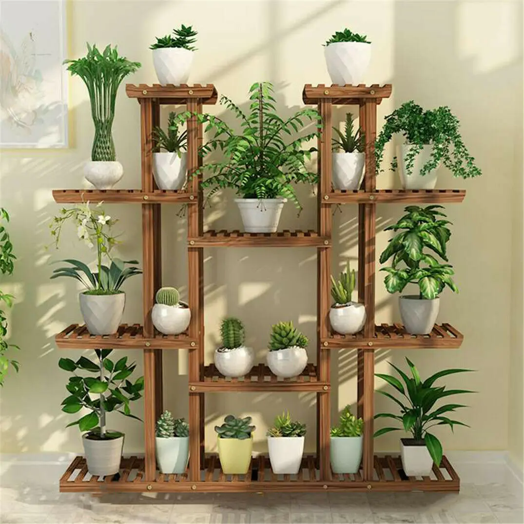 Buy UNHO Multi-Tier Plant Stand 46in Height Wood Flower Rack Holder 16 Potted Display Storage Shelves Indoor Outdoor for Patio Gard on