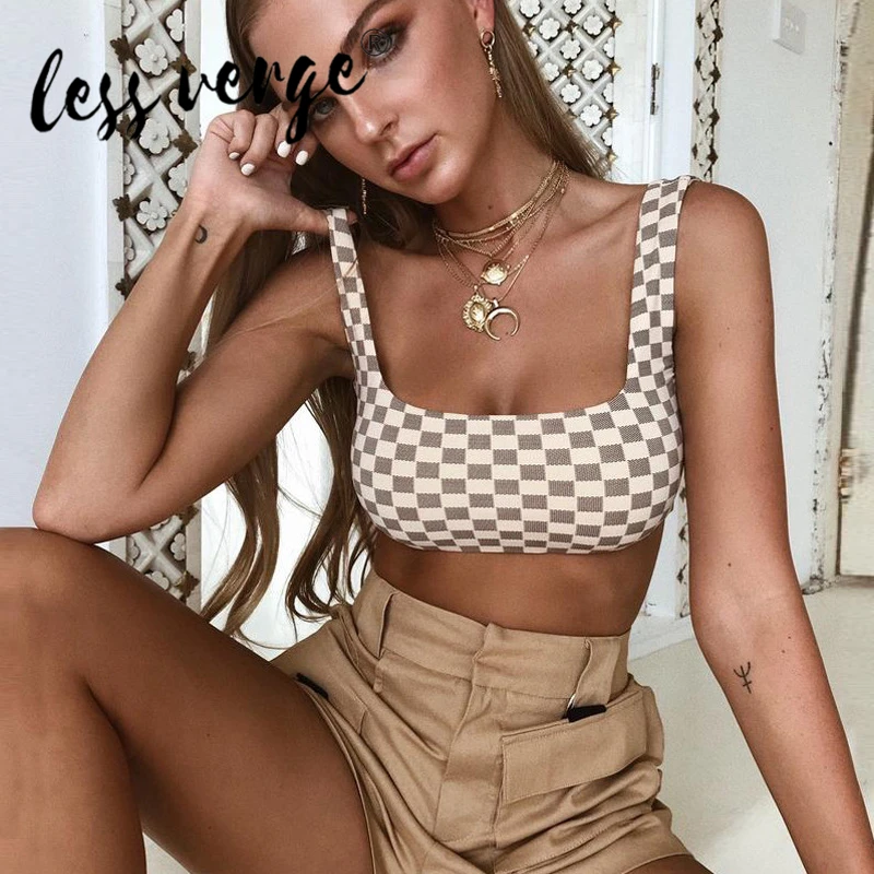 Lessverge New Fashion Women Tank Top Slim Fit Crop Camisoles Mosaic Pattern Casual Summer |