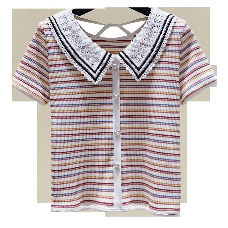 Футболка женская хлопковая в полоску с V-образным вырезом стиле Харадзюку лето 2021