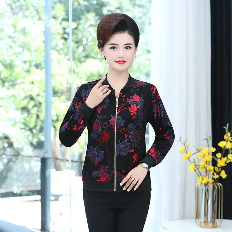

2021 Fashion Flower Print Jacket Middle Aged Women Autumn Long Sleeve Jackets Female Short Loose Coats Outwear W517