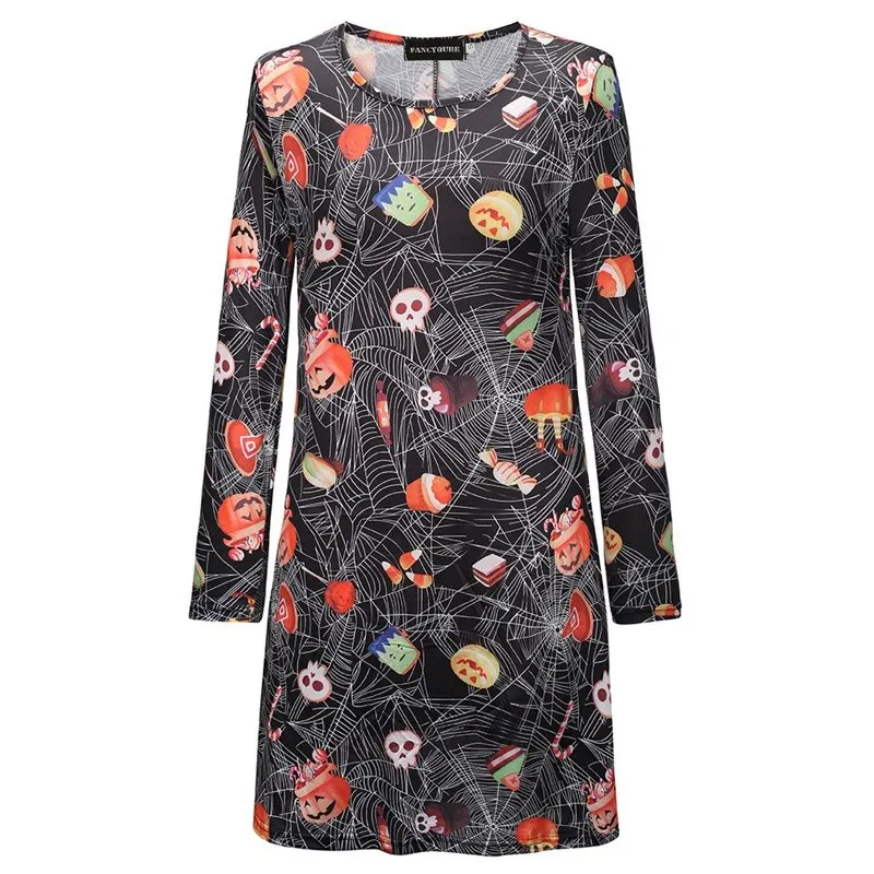 

2020 Women Fashion Pumpkin Ghost Printed Halloween New Long Sleeve O Neck A Line Dress Punk Evening Party Dress Vestido Murjer