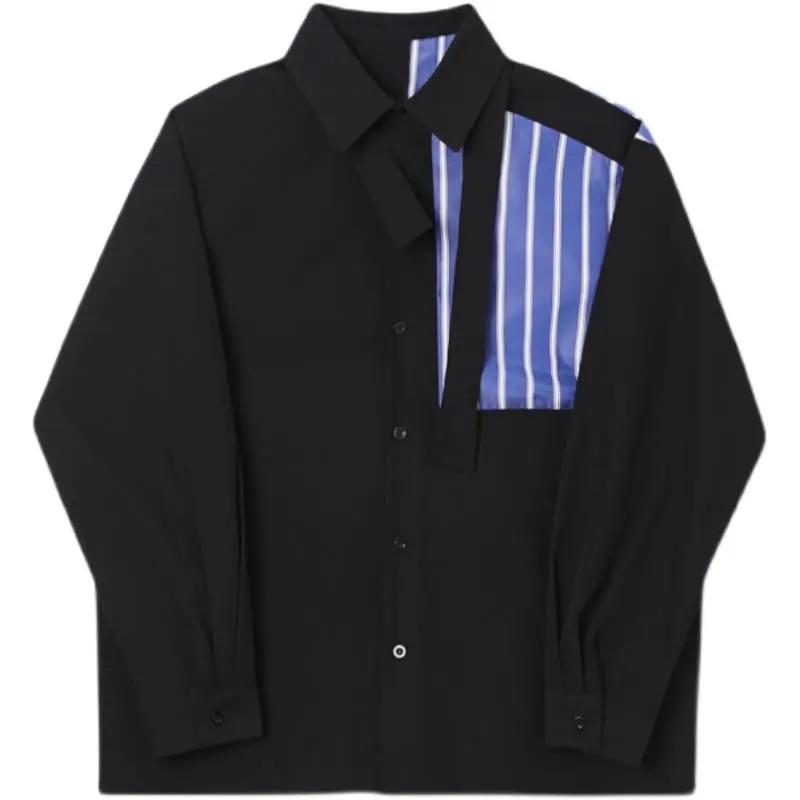 

XITAO Asymmetrical Striped Patchwork Shirt Contrast Color Fashion Ribbon Turn-down Collar Women Casual Loose All-match WMD0050