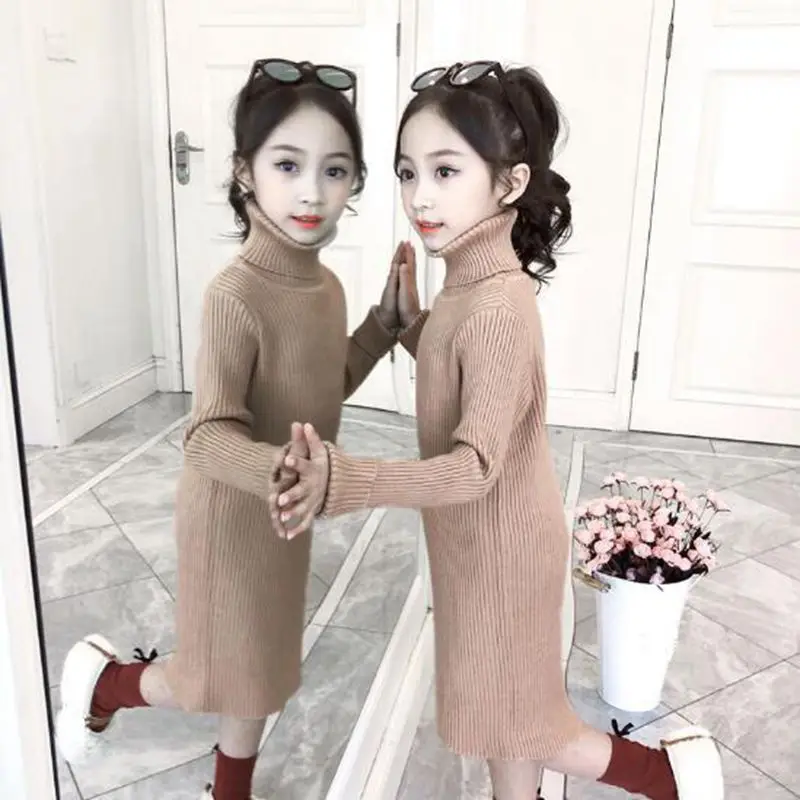 Трикотажное платье для девочек с длинным рукавом и высоким воротником вечерние