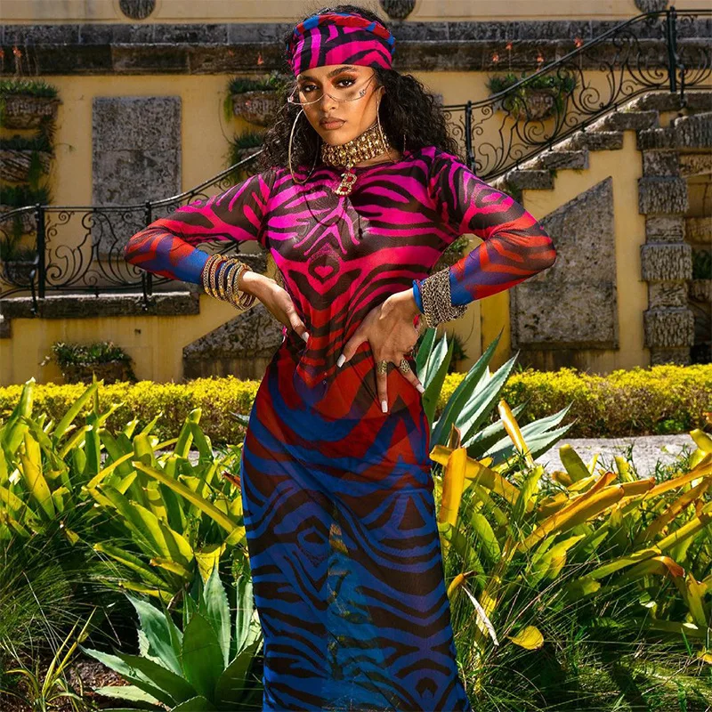 

Платье wsevypo женское средней длины в полоску, пикантное облегающее длинное прозрачное Клубное платье с блочным принтом тигра и длинным рукав...