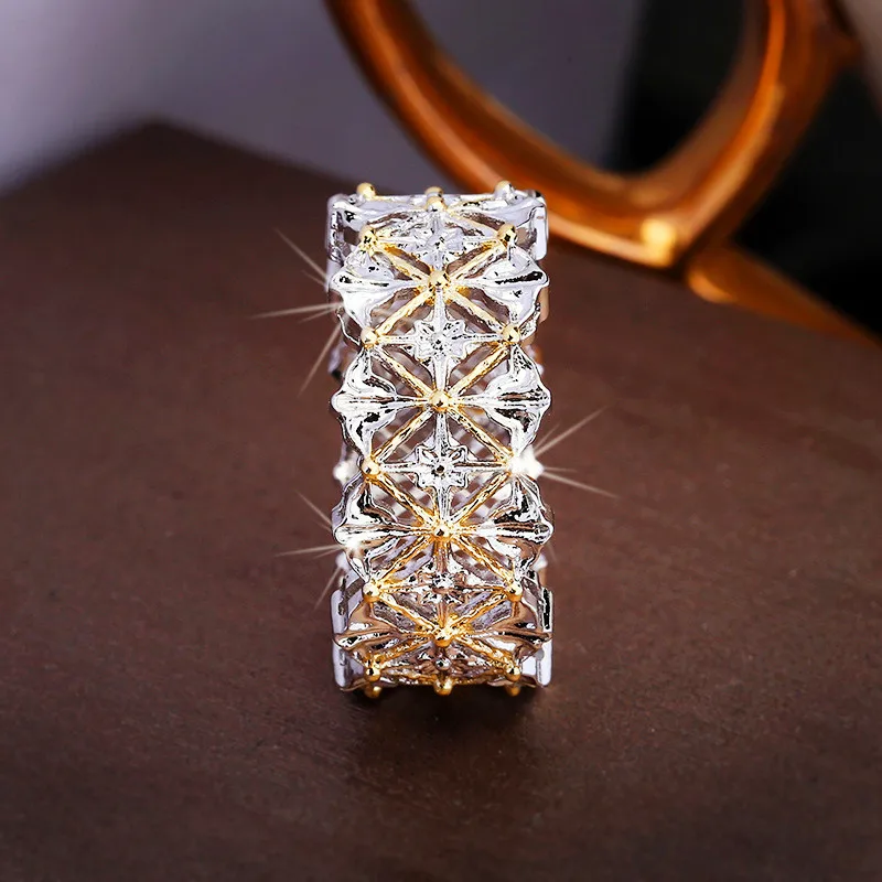 

Vintage Female White Crystal Ring Charm Gold Silver Color Wedding Rings For Women Dainty Bridal Hollow Geometry Engagement Ring