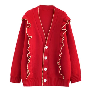 Весенний вязаный кардиган, свитер, пальто оверсайз с длинным рукавом и оборками, женские корейские свитера красного, бежевого, серого, желтого цветов, верхняя одежда для женщин