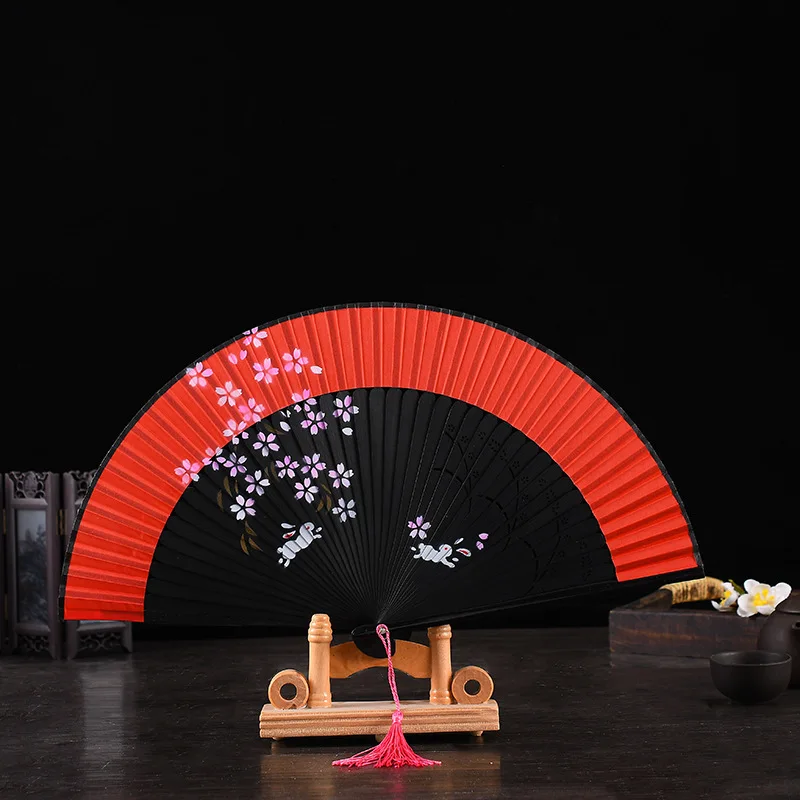 

Chinese fan ancient wind folding fan Japanese cherry blossom rabbit fan classical craft gift silk fan fold fans bamboo fan