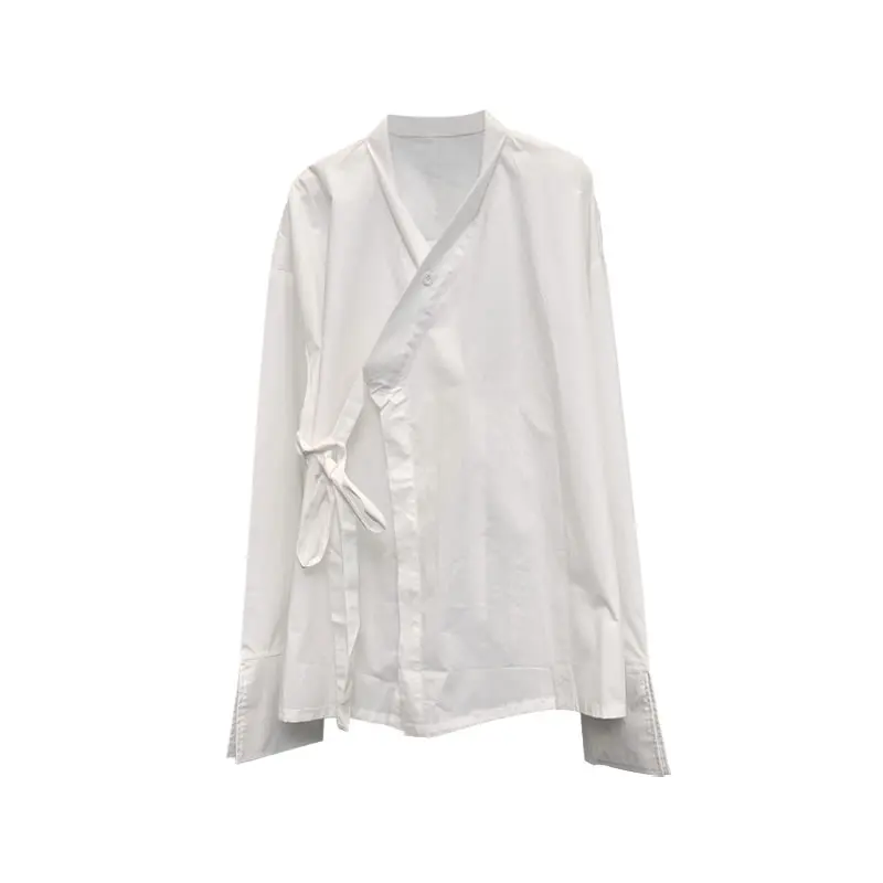 

XITAO Solid White Women Casual Shirt Fashion Irregular Bandage Splicing V-neck Collar 2021 New Simplicity Art All-match ZY6475