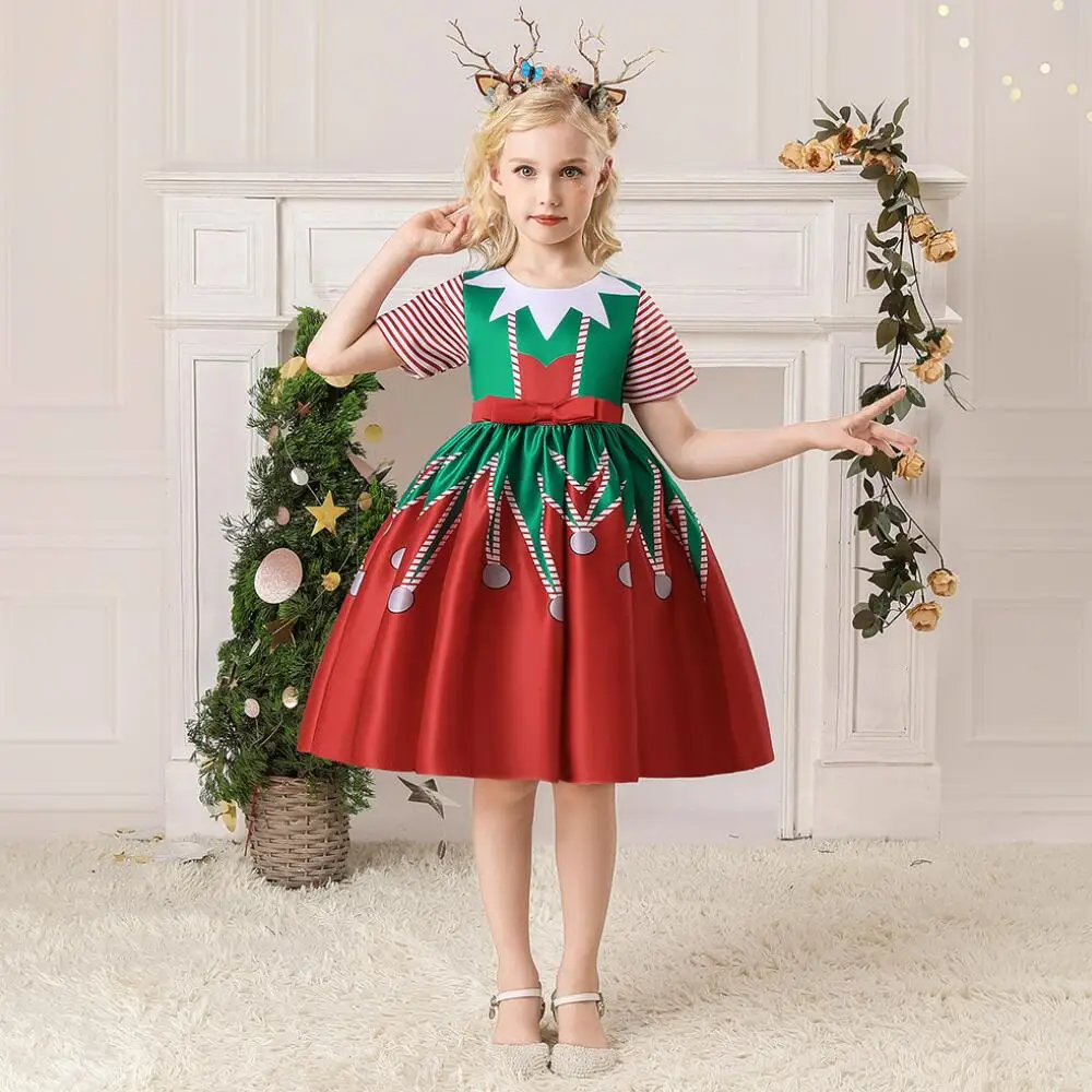 Детское бальное платье для девочек с принтом в виде снежинок и деда мороза 2021 |