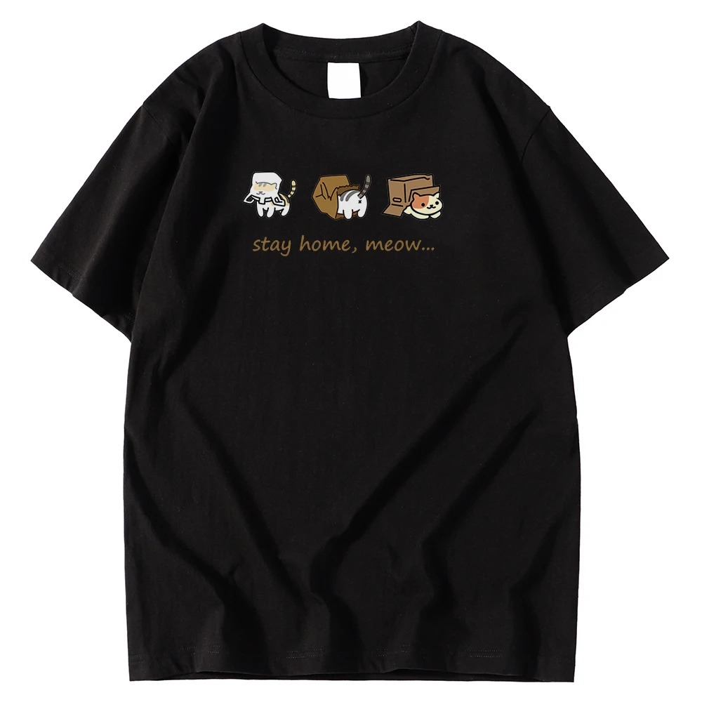 

Round Neck Man Tshirts Kawaii Three Mini Cat Animal Stay Home Meow Print Male Tees Shirt Short Sleeve Top Casual Loose Tshirts