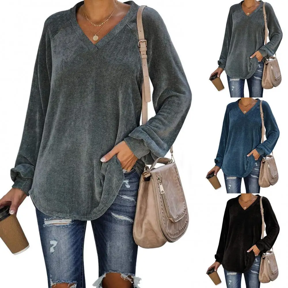 

Women Autumn Winter Long Puff Sleeve V Neck Corduroy Blouse Loose Pullover Top