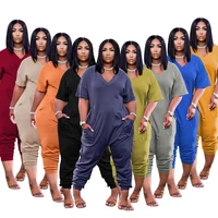 5 xl plus size jumpsuit fashion pocket sexy v neck casual high street solid color trousers one piece womens clothing wholesale
