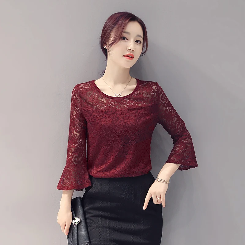 2017 Весенняя Кружевная блуза большого размера свободная 3/4 рубашка с