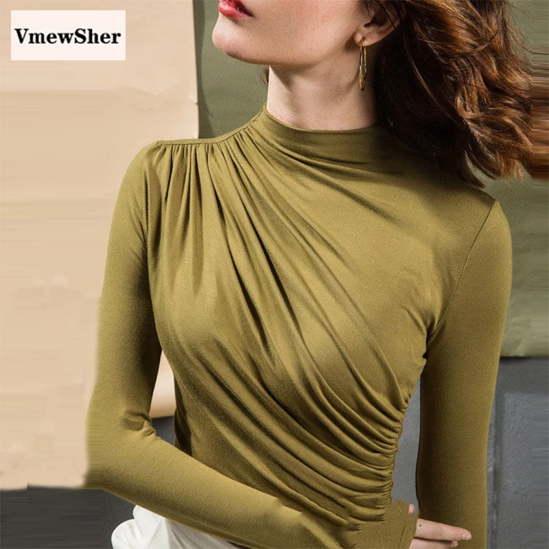 

VmewSher Women Blouses Elegant Draped Tops Casual Mock Neck Soft Jumper Pullover Solid Long Sleeve Shirt Basic Bottoming Blusas