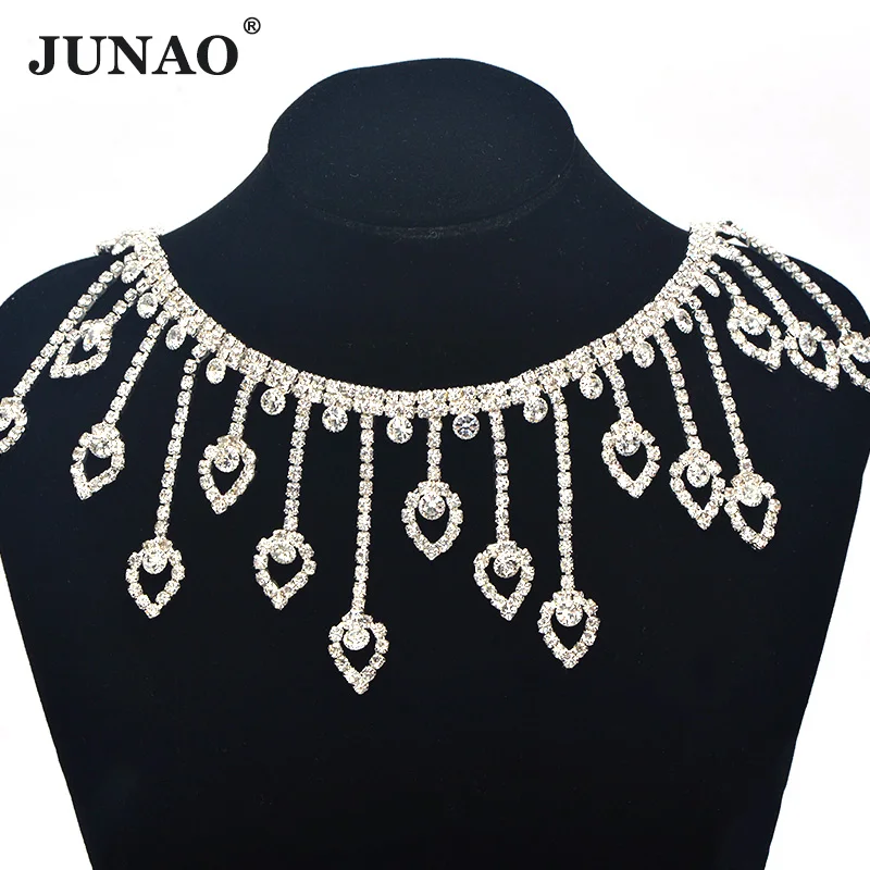 Heart Fringe JUNAO 45cm Sewing Crystal AB Rhinestones Fringe Chain Glass Stones Tassel Metal Trim Crystal Applique Strass Tape for Dress DIY - Цвет: Heart Fringe