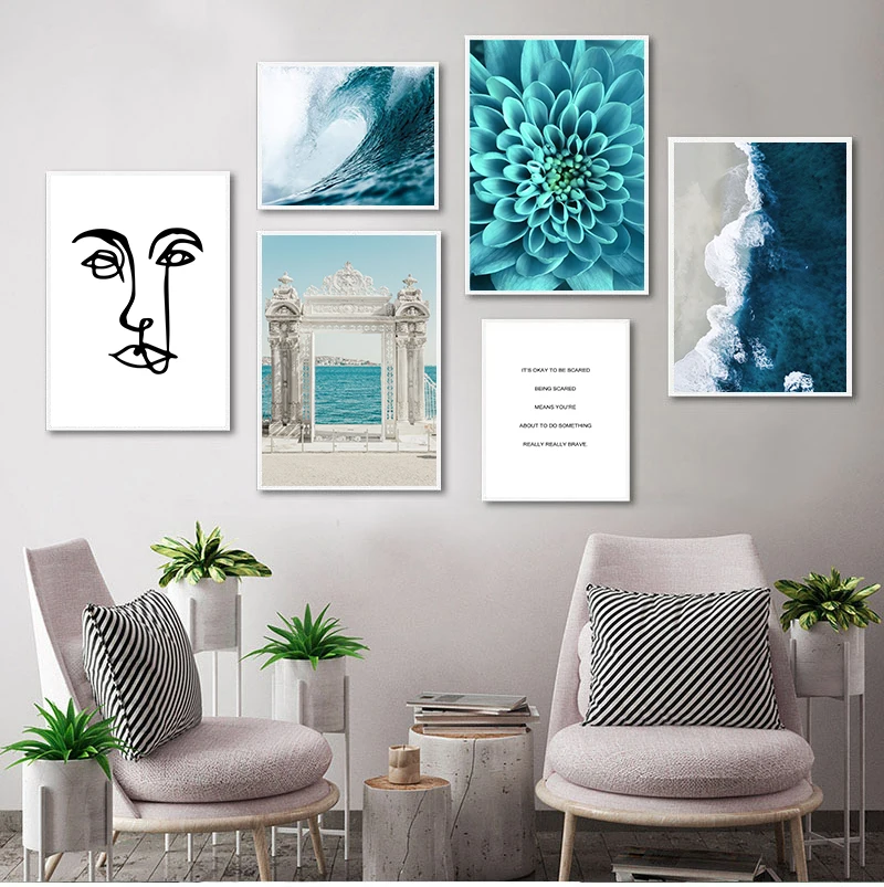 Океан волны синий цветок стены морской пляж пейзаж печать холст Скандинавская