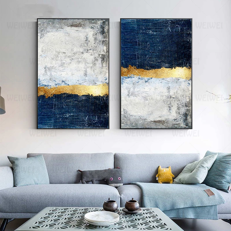 Абстрактная Золотая фольга блочная живопись синий плакат печать Современная