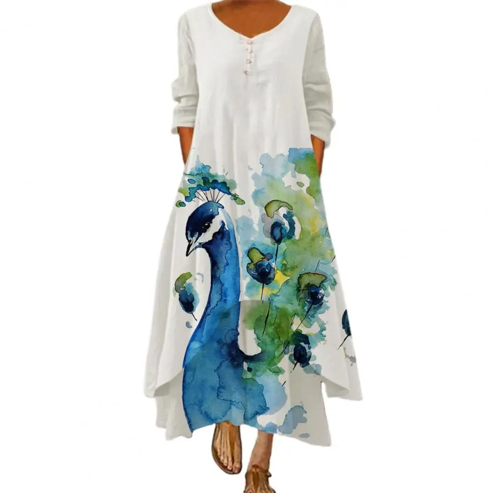 

Autumn Maxi Dress Women Vintage Floral Print Peacock Pattern Irregular Large Hem Casual Loose Lady Long Dress Beach