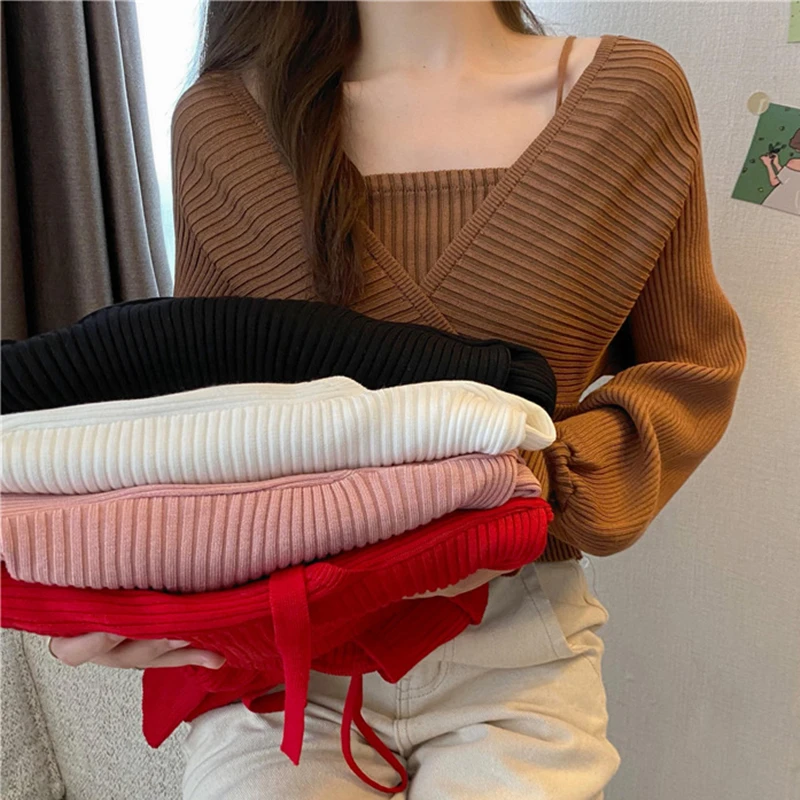 

Women Square Collar Knitted Sweater Ladies Autumn Winter Fashion Korean Puff Sleeves Solid Sueter Streetwear Tops