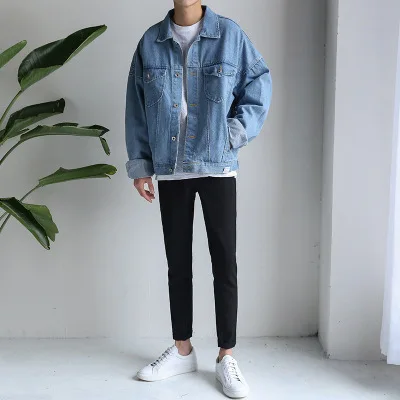Джинсовая куртка однотонная Повседневная потертая мужская джинсовая оверсайз