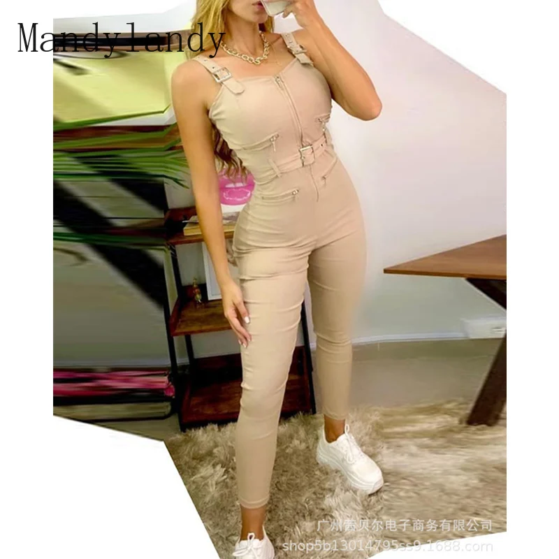 

Женский комбинезон Mandylandy, новинка, Модный облегающий комбинезон без рукавов с лямкой на шее и поясом на молнии, элегантные длинные брюки, бр...