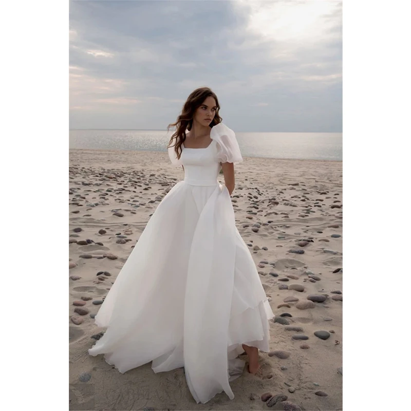 

HERBURNLWedding Dress Square Neck Puff Sleeves Backless Simple Organza Sweep Train Boho Bride Gown Vestidos De Novia 2022