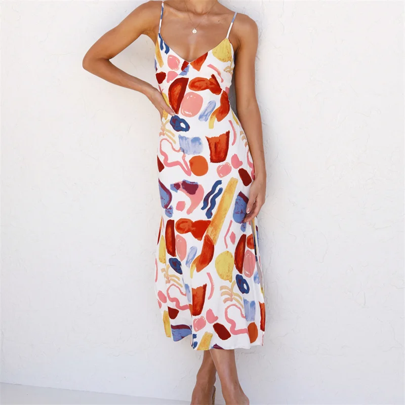 

Women 2021 Fashion Graffiti Print Bow Detail Holiday Style Suspender Dress Vintage V Neck Split Female Dresses Vestidos