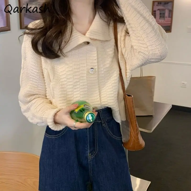 

Cardigan Women Autumn Cropped Turn Down Collar Girls Lovely Cozy Vacation Vintage Solid Simple Kawaii Daily Preppy Popular Ins