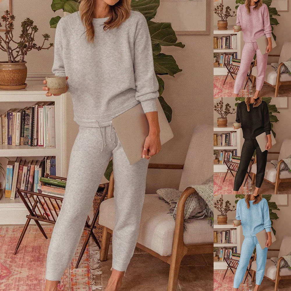 

2021 Spring Autumn Casual Solid Color Two Piece Set Women O Neck Long Sleeve Tops And Drawstring Pants Suit Female Soft Homewear