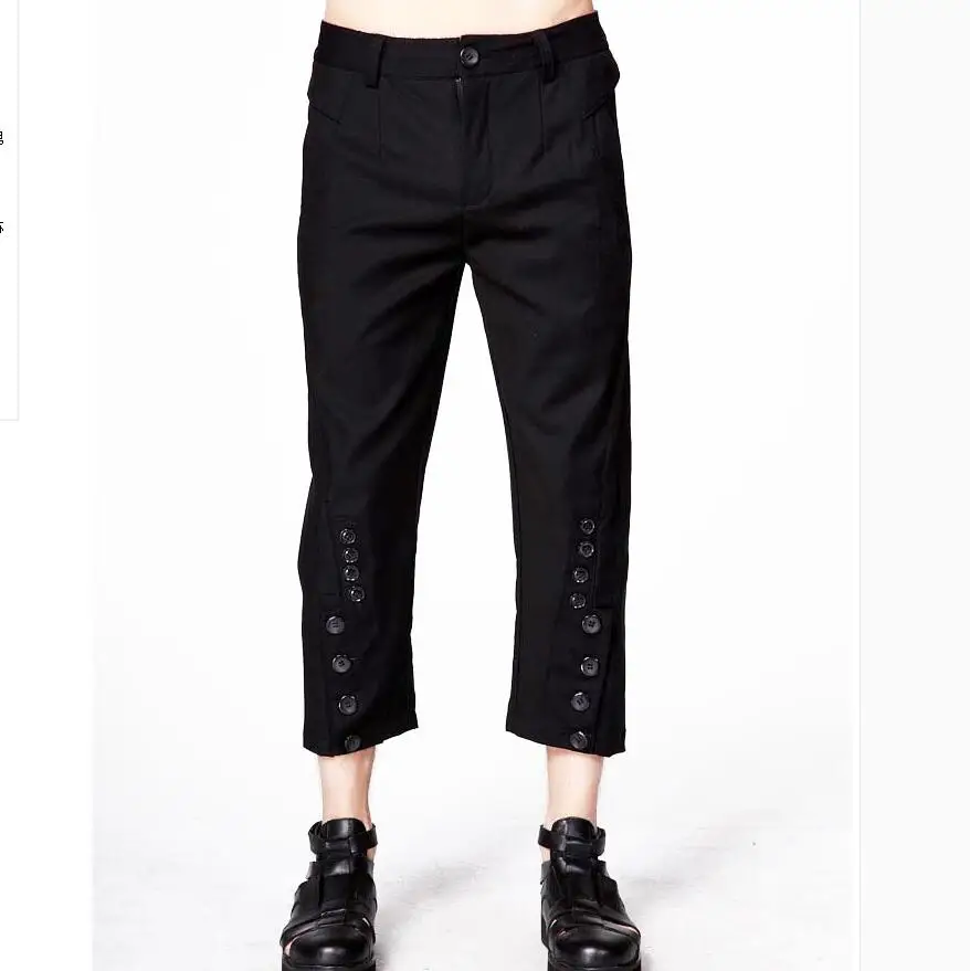 

Shipping Large Free Size Nightclub Nine Minute Pants Small Feet Casual Hip-hop Rock Black Button Decoration Men's Pants/m-3xl