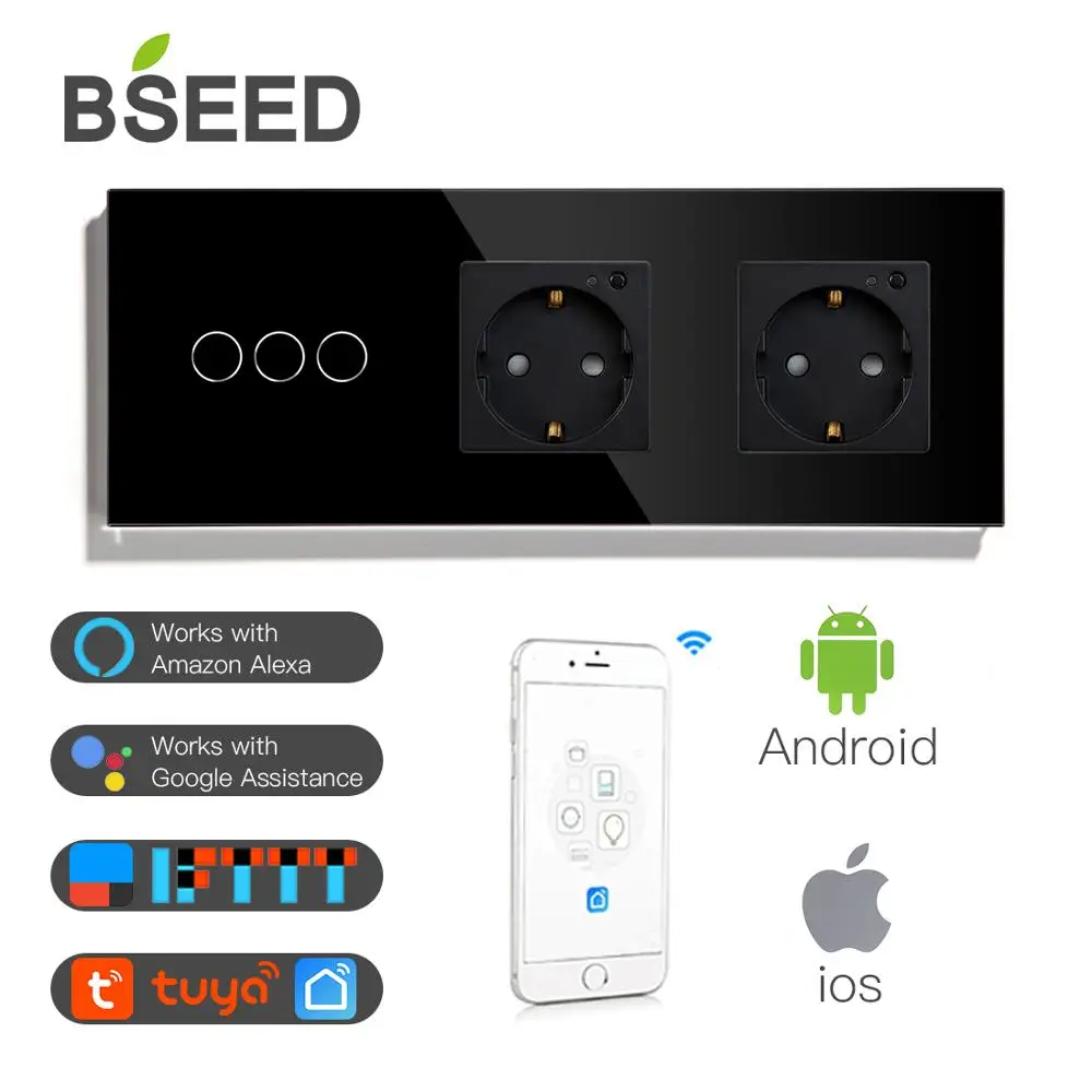 Wi-Fi-переключатель BSEED 3 Gang двойная розетка Wi-Fi европейского стандарта с Белой и