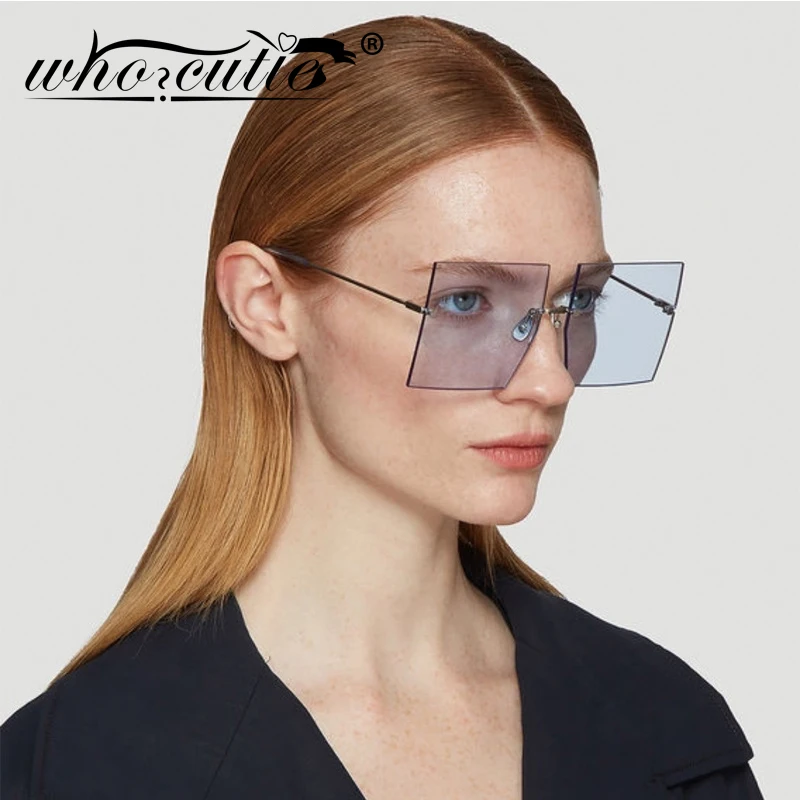 

WHO CUTIE Rimless Sunglasses Women Oversized Square Frame 2020 Brand Design Ocean Blue Lens Tint Sun Glasses Lady Female S211
