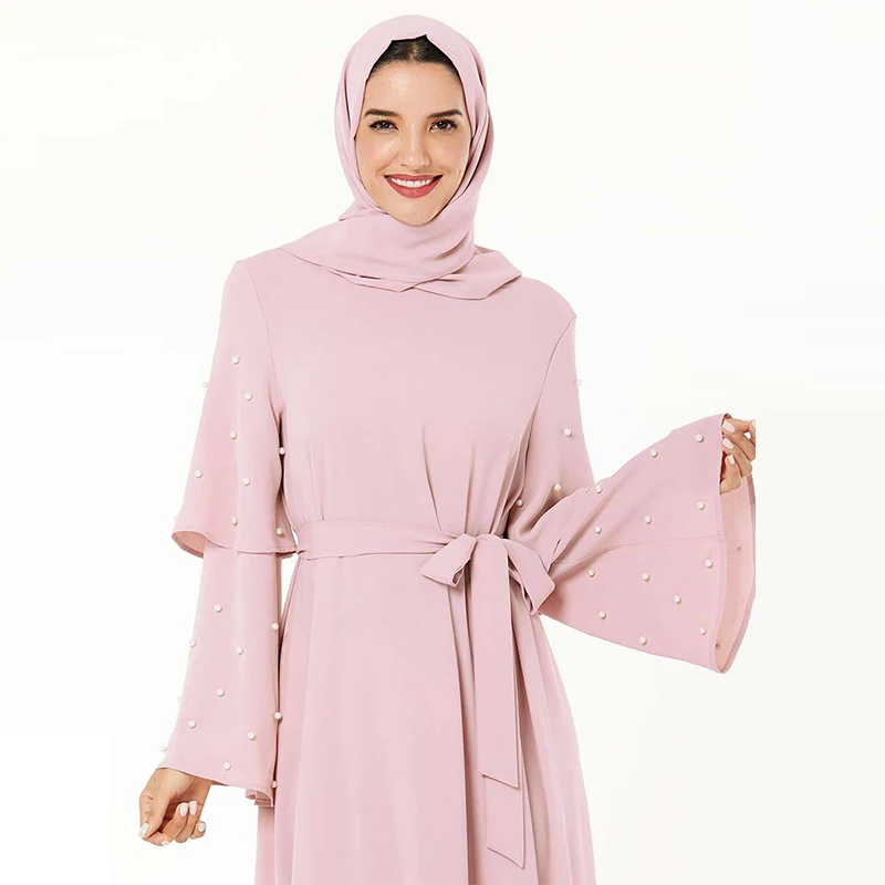 Мусульманское платье средней Восточной моды бисером пояс расклешенный рукав
