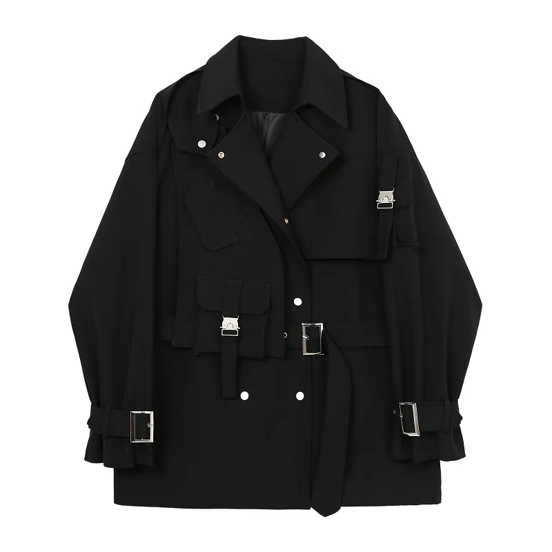 

New Male Japan Korea Style Windbreaker Jacket Overcoat Men Double Breasted Belt Streetwear Cargo Trench Coat Outerwear