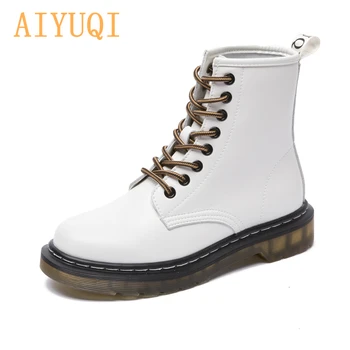AIYUQI Martin Boots Ladies Genuine Leather Lace-up Female Motorcycle Boots British Style Classic White Ladies Ankle Boots