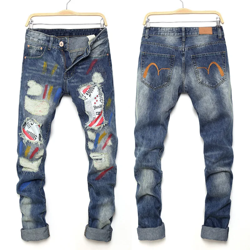 

Ripped jeans men's street paint crow trousers trendy men's straight patch Jeans for men Men trousers