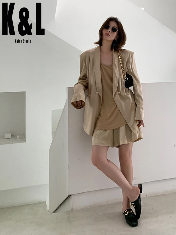K & L kylen 1oo % тутового шелка Блестящий Золотой повседневный костюм для женщин 2020