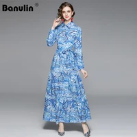 banulin runway autumn vintage print floral long sleeve maxi dress elegant boho single breasted vacation party dress women new