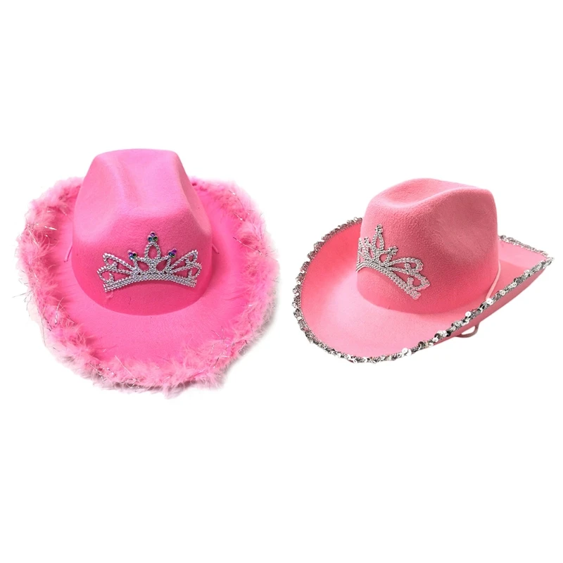 

Spangles Decorated Cowgirl Hat in Pink Tiara Decorated Fedora with Feather Edge