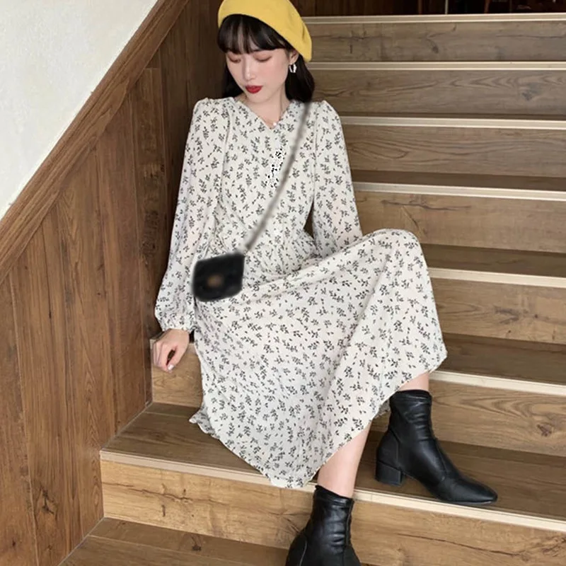 

Women Vintage Long Sleeve Linen Dress 2021 Spring New Print Flower V-neck Retro All-match Women Pocket Dress # ocpu