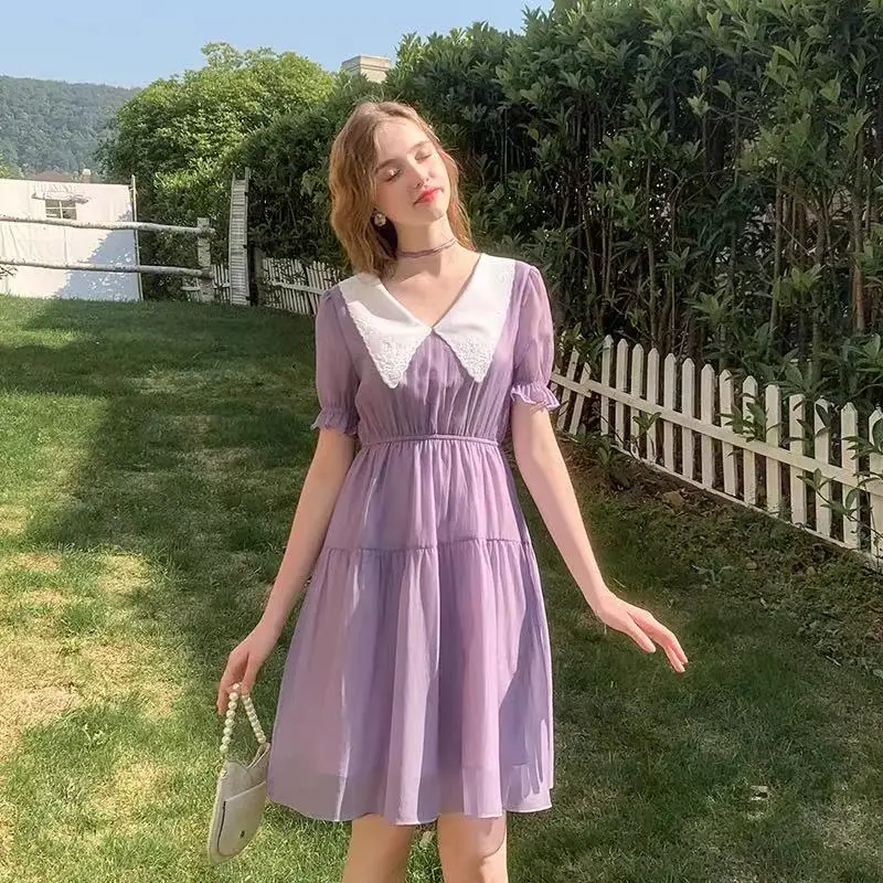 

Summer Plus Size Women'S Dress Korean Retro Doll Collar Solid Color Lace A-Line Dress Casual Short-Sleeved Oversized Dress