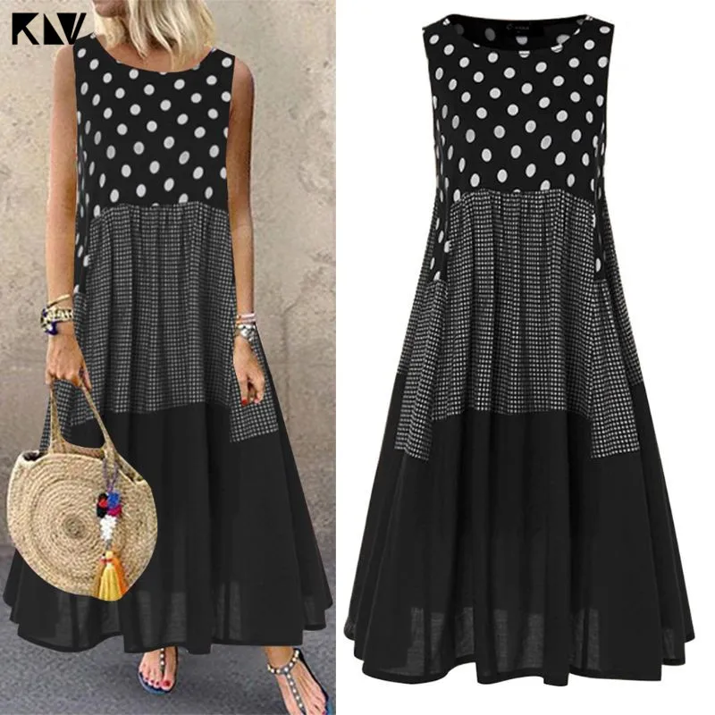 Женское платье в горошек KLV хлопковое и льняное с принтом клетку свободное