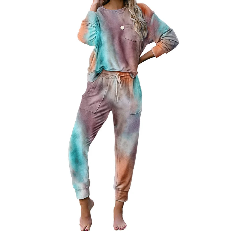 

Autumn winter ladies tie-dye casual and comfortable pajamas, knitted lace-up long-sleeved trousers, home two-piece suit JJF0071