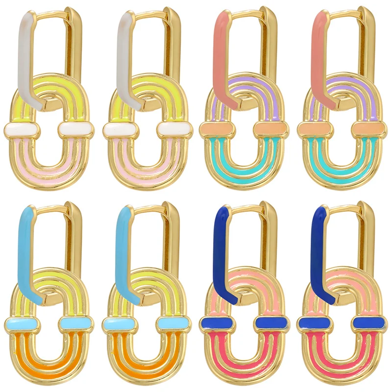 

ZHUKOU NEW Rainbow enamel hoop earrings Geometric rectangle gold color small hoop earrings Summer Trend Jewelry Wholesale VE426
