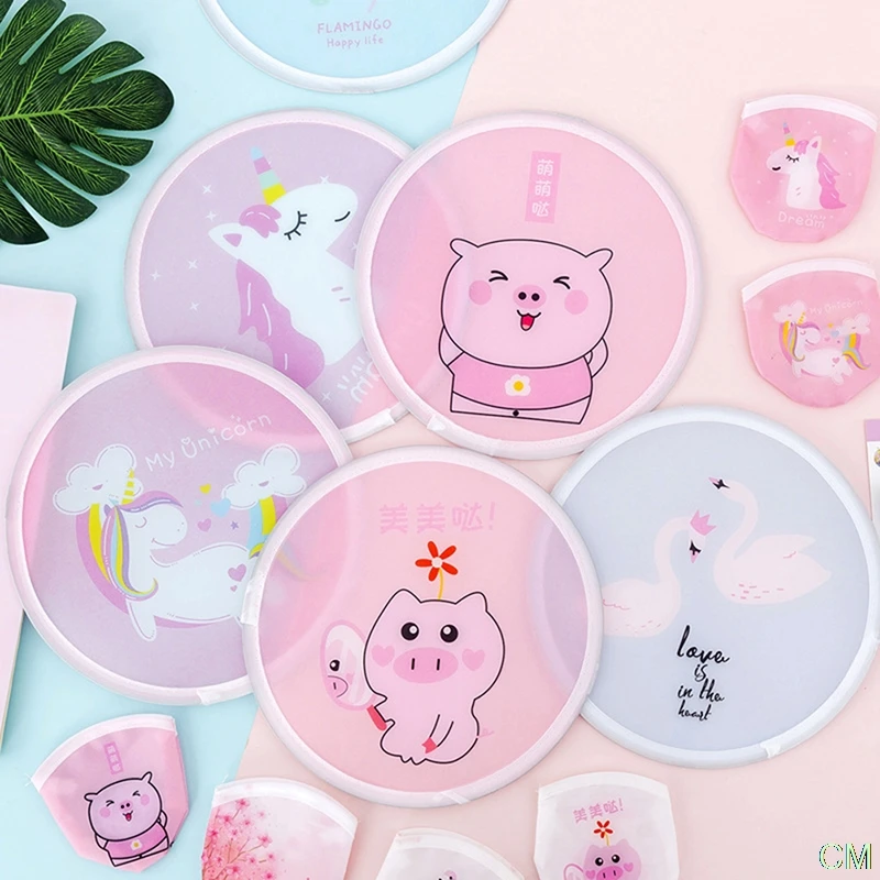 

High Quality Polyester Cartoon Mini Round Disc Portable Fan Folding Pocket Wallet Flyer Handheld Fan