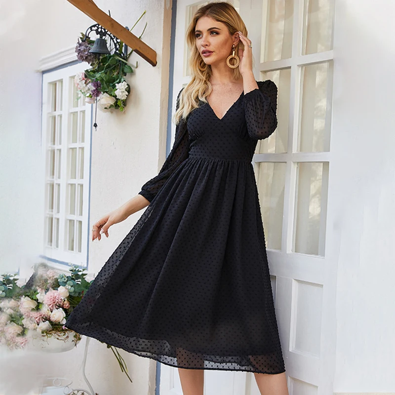 

Elegant Sexy V-neck Long Sleeves Broken Flowers Chiffon Midi Dress Women Bohemian Slim Party Vestidos Autumn A-line Dresses 2020