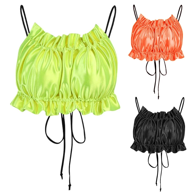 

Women Sexy Spaghetti Strap Ruffle Crop Top Satin Solid Color Ruched Cami Bustier 83XF